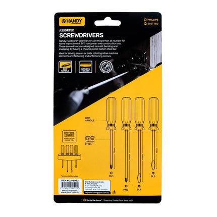 HANDY assorted screwdrivers box back with product diagram and yellow/clear handles