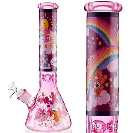 Tall pink water beaker with colorful Care Bears scenes, flip-top lid, side handle