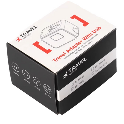 Travel adapter retail box with diagram and labels for plug compatibility