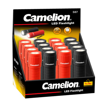 Camelion LED flashlight multipack display with red and black flashlights, batteries included