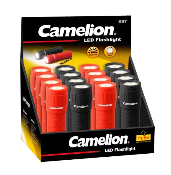 Camelion LED flashlight multipack display with red and black flashlights, batteries included