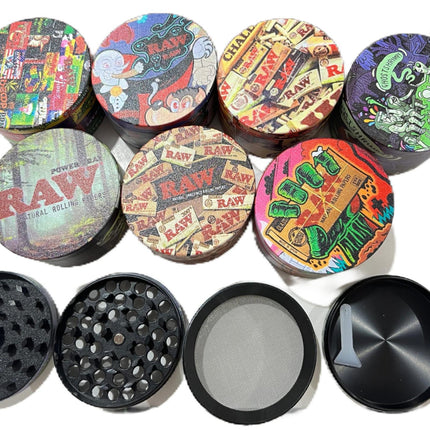 Metal herb grinder lids and black grinding screens set with multiple RAW-style prints