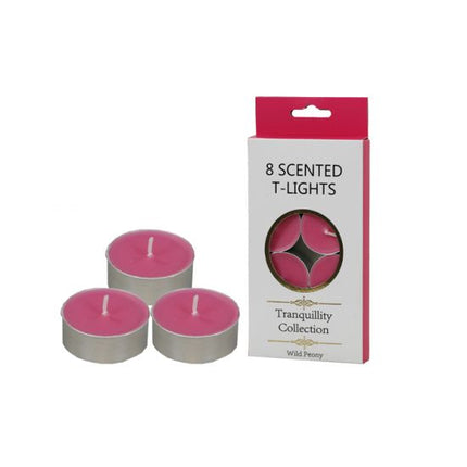 Wild peony scented tealight candles: 3 pink candles in silver cups, with 8-pack box