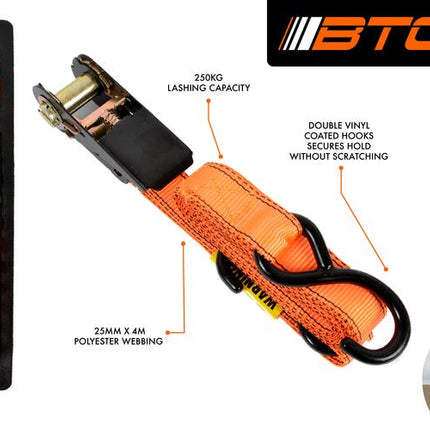 Rated 250kg ratchet tie-down strap, orange webbing, 4m length and 25mm width
