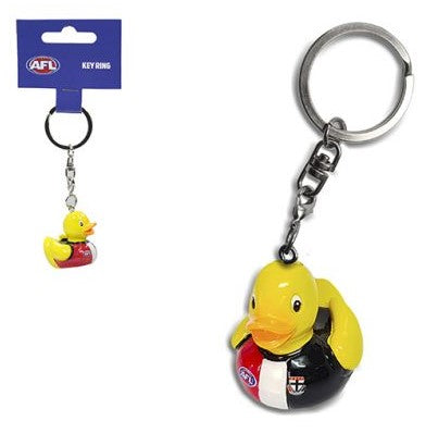 Metal key ring with small rubber duck charm wearing St Kilda Saints emblem