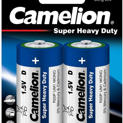 Camelion D-size 1.5V Super Heavy Duty carbon batteries, two on blister pack