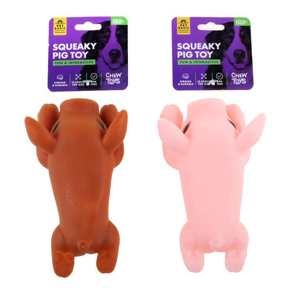 Squeaky pig dog toy set, orange and pink plush with protruding ears and legs