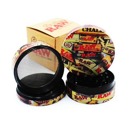 4-piece metal herb grinder with colorful RAW-pattern lid and black base
