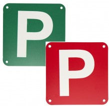 Reversible P plate sign with green and red faces, suction-cup backing, metal eyelets