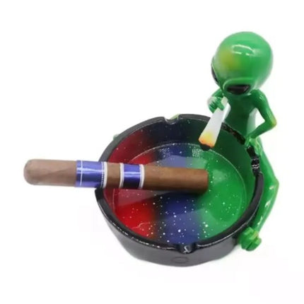 Green alien ashtray with rainbow galaxy bowl and cigar