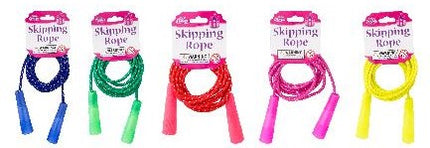 Set of skipping ropes in blue, green, red, pink, and yellow with foam handles