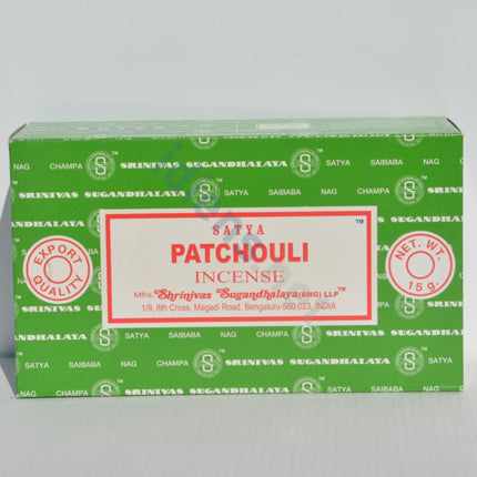 Satya Patchouli incense box front, green with red label and net wt 15 g seal