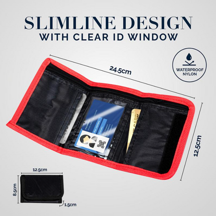 Slim trifold wallet with clear ID window and card slots, red binding.