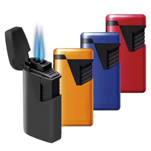 Set of twin jet lighters, rubberized grips, blue, red, and orange with flame
