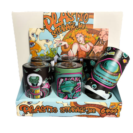 Set of 6 alien-themed storage jars with display tray, colorful comic artwork.