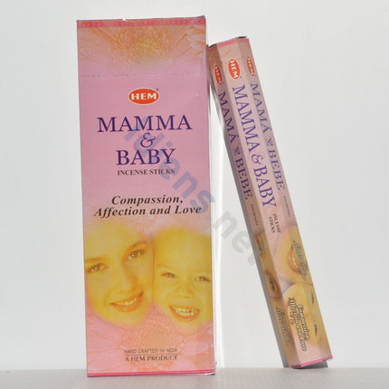 HEM Mamma & Baby incense sticks: pink box with smiling parents artwork