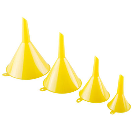 Four-piece set of yellow plastic funnels with wide spouts
