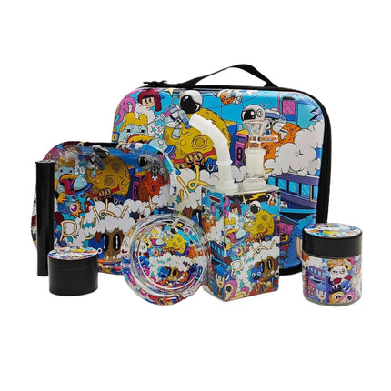 Blue 7-piece waterpipe set with colorful cartoon graphics, tray, and accessory jars
