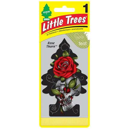 Little Trees air freshener card with black tree, red rose, green leaves, skull