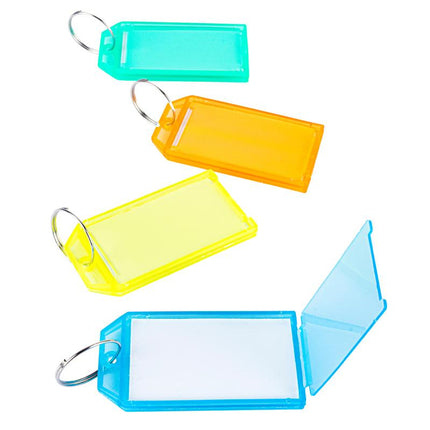 Translucent jumbo key tags with metal rings, teal, orange, yellow, and light blue