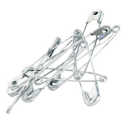 Assorted silver safety pins, multiple pins with safety clasp heads