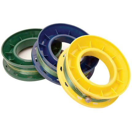 Assorted fishing line spools: green, blue, and yellow with grey line and clips