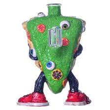 Small cartoon pizza-themed glass water pipe with green body, red shoes, and blue hair.