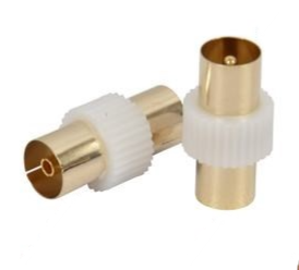 Two gold-plated coax adapters with white ribbed sleeves and brass-colored connectors