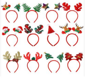 Set of red Christmas headbands with assorted festive character and ornament clips