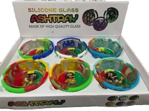 Boxed display of silicone-glass ashtrays, six colorful trays with peace icon graphics