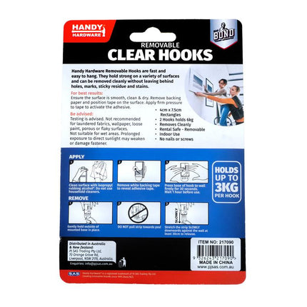 Removable clear hook set with application steps, 2 hooks, 7.5 x 4cm