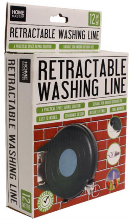 Retractable washing line kit with black reel in retail box packaging