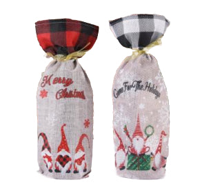 Christmas bottle cover set of two drawstring bags with plaid tops and festive text on gray fabric
