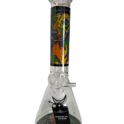 Clear glass water beaker with colorful abstract animal print and black label, 260mm
