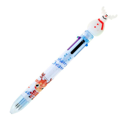 Snowman Christmas ballpoint pen with white figure and red scarf; clear barrel with purple ink