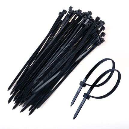Set of black nylon cable ties with square head, plus looped tie