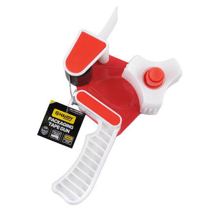 Packing tape dispenser with red base, white grip, and tape guiding base plate