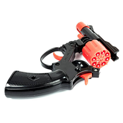 Black cap gun with red cylinder, textured grip, and trigger loop.