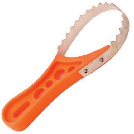 Orange-handled stainless steel scaler with serrated edge blade