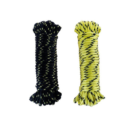 Diamond-braided poly rope coils, dark navy and bright lime, end tassel loops