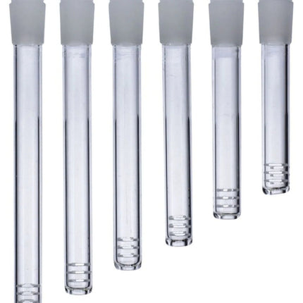 Set of 6 clear glass stem tubes with white mouthpiece caps, varying sizes