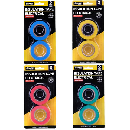 Electrical insulation tape, blue and yellow rolls in retail blister pack
