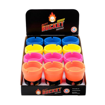 Removable-lid ashtray butt bucket with multicolor cups and black top, boxed