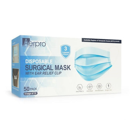 Disposable surgical face mask box, blue masks with ear relief clip, 50-pack