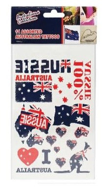 Small pack of temporary Australia tattoos, featuring flags, hearts, and kangaroo