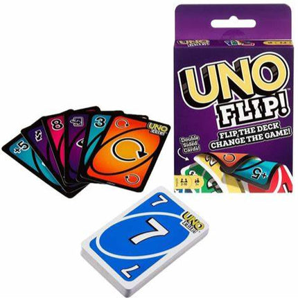 UNO Flip playing cards set with purple deck, showing action cards and packaging