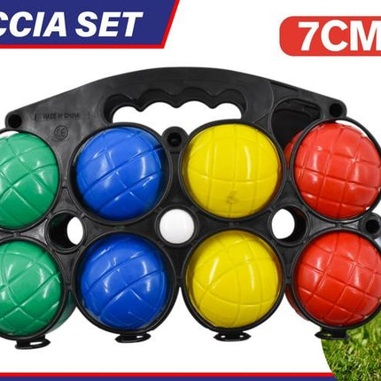 9-piece Boccia ball set, size 7 cm; black rack with green, blue, yellow, red balls