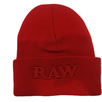 Red adult beanie with red RAW logo on the front cuff