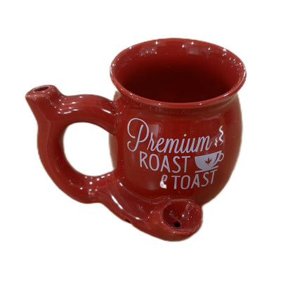 Red waterpipe-style mug with handle, 'Premium ROAST & TOAST' print