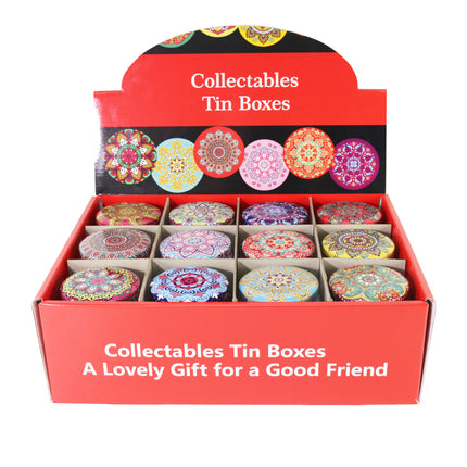 Decorative candle tin display pack, red box open showing colorful mandala tin lids